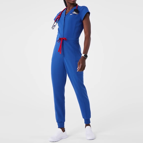 Figs Pants - FIGS- Jane V-Neck Jogger ScrubJumpsuit in winning blue